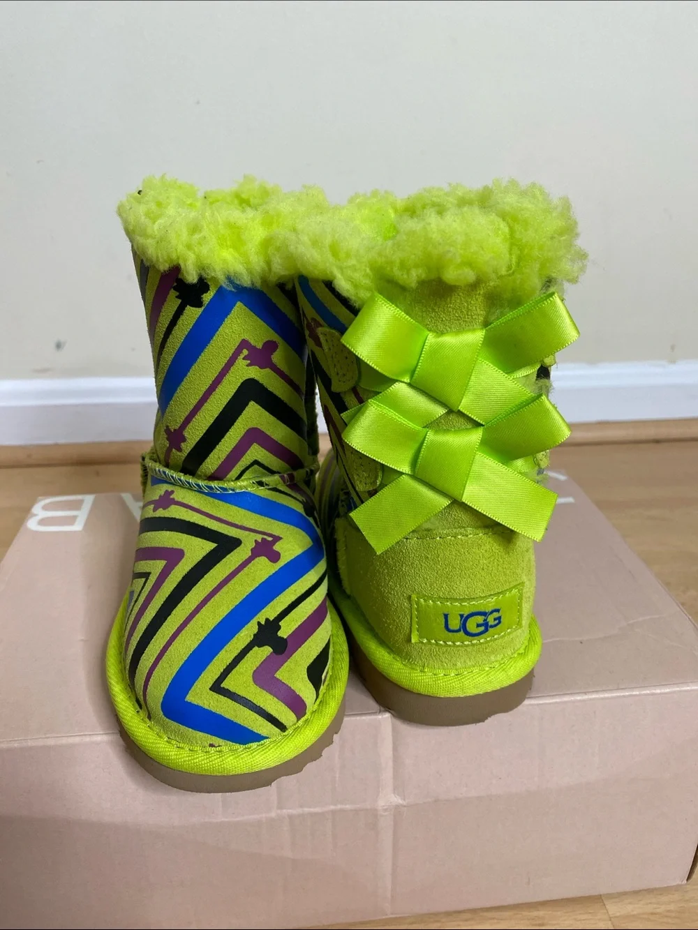 UGG Neon Lime Multi‑Pattern Kids Shearling Boots